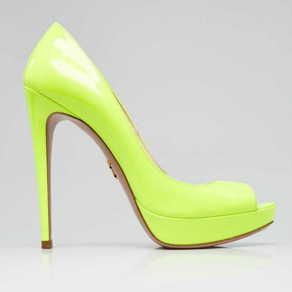 Prada Neon Yellow Patent Leather Peep Toe Pumps Size 8/38.5 - Picture 2 of 4